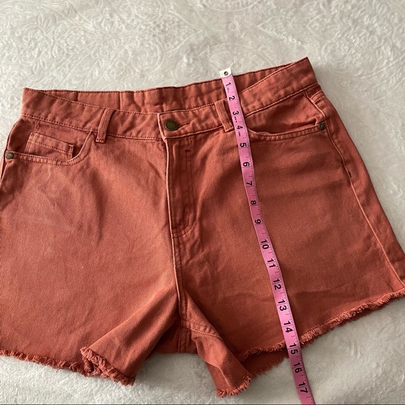 Dusky Red Raw Hem High Waist Jean Shorts - Picture 3 of 9